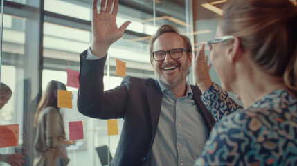 group of professionals in a vibrant office setting, enthusiastically engaging in a team high-five,...