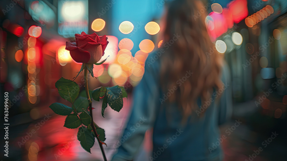 Wall mural A woman is walking down a street with a red rose in her hand