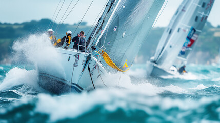 Two yachts at sea with high waves in sunny weather. Copy space. Sailing regatta.