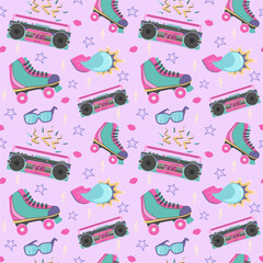 Seamless pattern in 90 style. Tape recorder, roller skates, glasses and bubble gum in flat design. Attributes of pop culture of the 90s. Vector illustration. 
