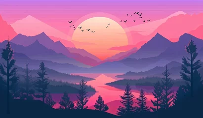 Deurstickers Beautiful landscape with forest, mountains and lake at sunset or sunrise © EnelEva