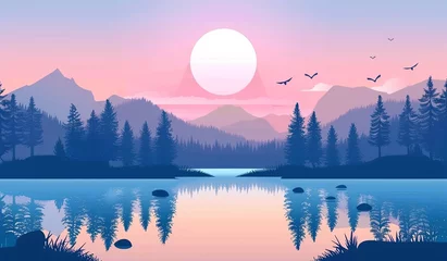 Poster Beautiful landscape with forest, mountains and lake at sunset or sunrise © EnelEva