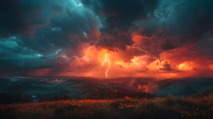 A turbulent sky, with streaks of lightning as the background, during an electrifying thunderstorm