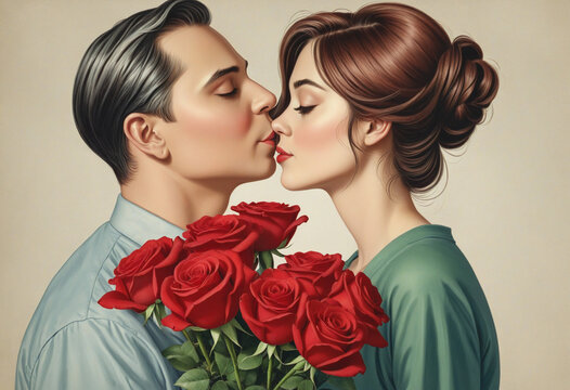 woman smelling bouquet of red roses from man vintage illustration isolated on a transparent background