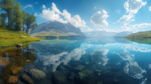 panoramic view of a pristine lake