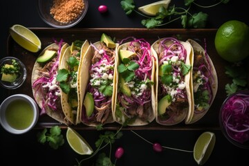 Mexican street tacos flat lay with pork carnitas, avocado, onion, cilantro, and red cabbage - obrazy, fototapety, plakaty