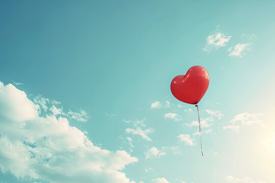 A red heart balloon is floating in the sky