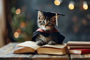 A kitten wearing a graduation cap and gown sits on top of an open book - obrazy, fototapety, plakaty