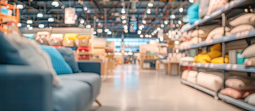 A blurry image captures a furniture store in the city, showcasing a wide selection of hardwood flooring, cozy pillows, and room accessories for leisure and retail shopping