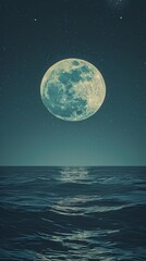 Full moon over calm ocean at night