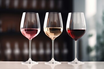 An array of wine colors displayed in elegant glasses, showcasing the diversity from rose to white to red, set against a bar backdrop. Variety of Wines in Elegant Glasses - obrazy, fototapety, plakaty