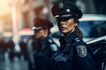 female police officer on a city street Generative AI - obrazy, fototapety, plakaty