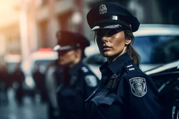 Poster female police officer on a city street Generative AI © València