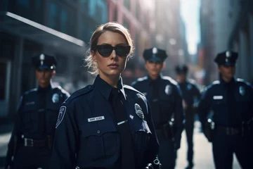 Poster female police officer on a city street Generative AI © València