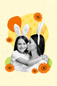 Creative vertical photo collage young mother little daughter hug embrace carefree smile kissing love family rabbit ears flora environment