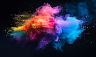 Colorful explosion of vibrant rainbow colors paint powder and smoke on black background