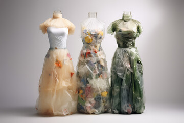 Three mannequin display dresses made from recycled plastic, symbolizing sustainable fashion