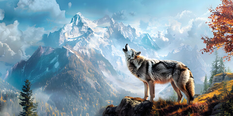White wolf on a background of the mountains, Alpine Wanderer: White Wolf Against Mountainous Backdrop
