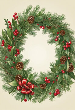 christmas wreath made of holly and pinecones vintage illustration isolated on a transparent background