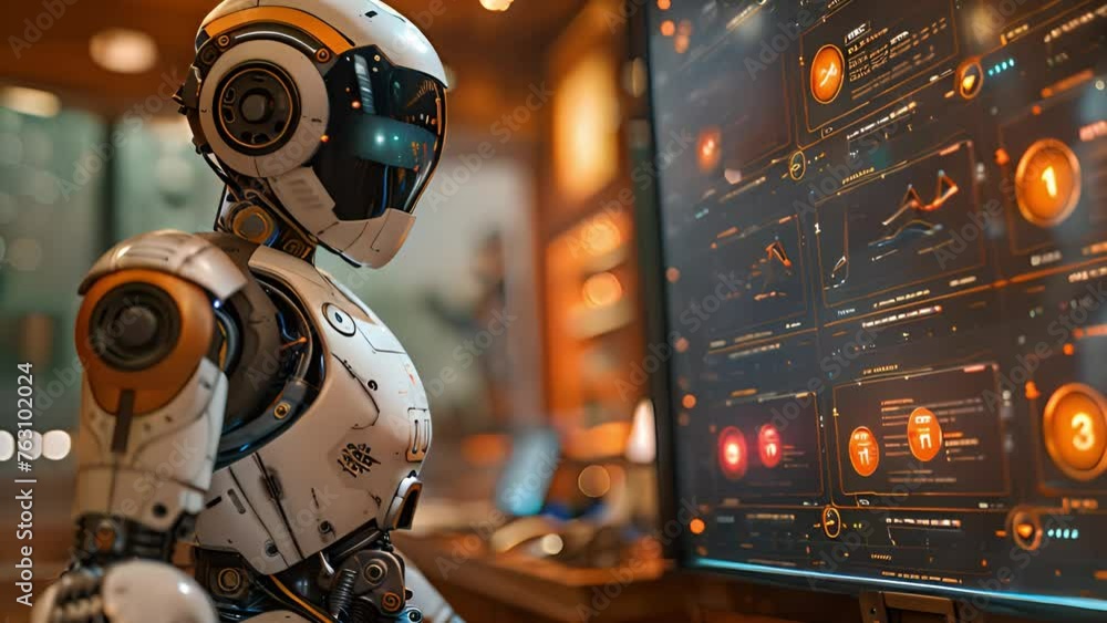 Poster cutting-edge robotics: android interfaces with holographic panel.