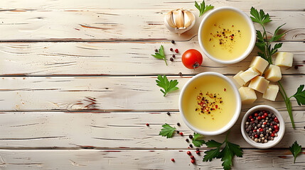 Flat-lay of soup bowls with spices, cheese, and tomato on a rustic wooden background. - obrazy, fototapety, plakaty