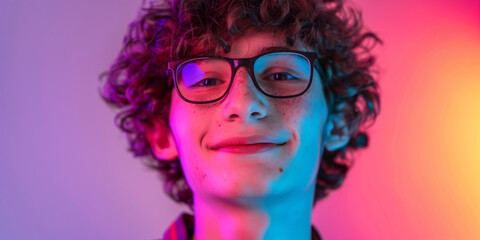 Smart schoolboy portrait illuminated by coloured light. Children weak eyesight concept. Confident teen boy with black glasses.