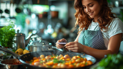 Smiling woman cooking in a kitchen, preparing vegetables with a focus on healthy eating. - obrazy, fototapety, plakaty