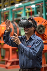 A man is seen in a factory environment wearing a virtual reality headset, engaged in industrial tasks using cutting-edge technology