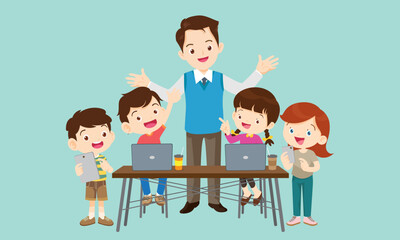 teacher and kids learning computer technology education courses