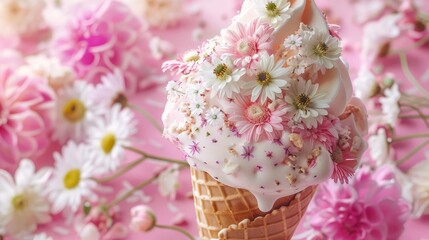 Ice cream cone with pink and white flowers and  meringue on the pink background
