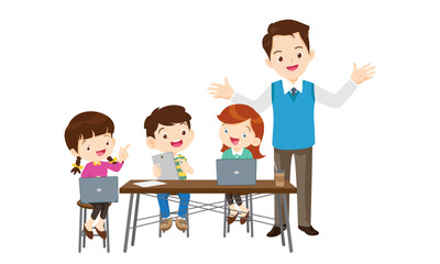 teacher and kids learning computer technology education courses