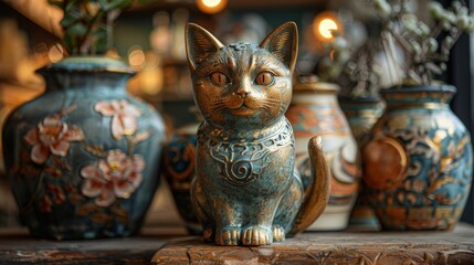 Ceramic cat figurine with decorative vases - obrazy, fototapety, plakaty
