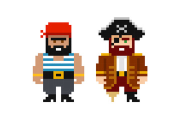 Pixel Art Pirates Captain and sailor suits - cartoon retro 8 bit game style vector graphics set
