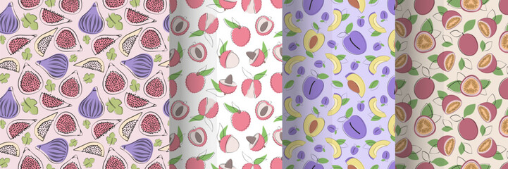 Set of fruit seamless patterns  with fig, litchi, plum, passion fruit in simple flat design. Vector illustration.
