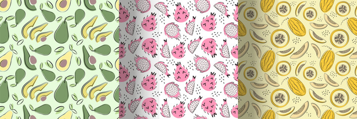 Set of fruit seamless patterns  with avocado, dragon fruit, melon in simple flat design. Vector illustration.
