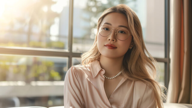 Elegant confident businesswoman indoors. Beautiful asian woman with glasses.