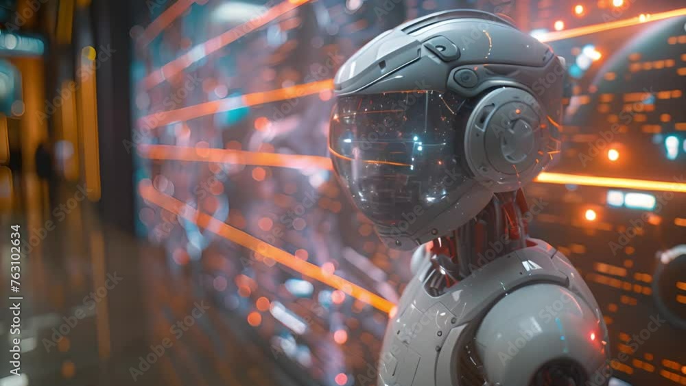Poster futuristic android: dynamic robot animation, modern tech.