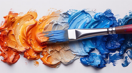 Paintbrush with blue paint on a palette of blended colors. - obrazy, fototapety, plakaty
