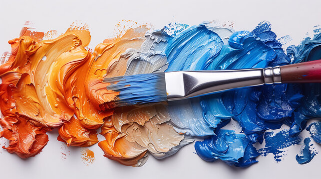 Paintbrush with blue paint on a palette of blended colors.