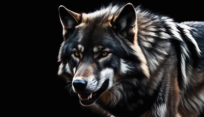 Wolf close-up on a black background. Panoramic view, animals and nature