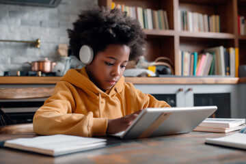Afro American boy in headphones in the kitchen with a tablet engaging in e-learning. Concept of digital education and remote learning for children - obrazy, fototapety, plakaty