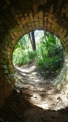 Obraz premium Pathway leading through an old tunnel surrounded by green foliage