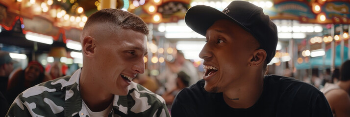Two young men share a joyful moment, laughing together amidst the vibrant lights of a bustling carnival - obrazy, fototapety, plakaty