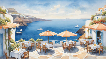 Watercolor Illustration: Beachfront Restaurant 