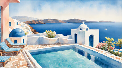 Watercolor Illustration: Ocean View in Santorini Hotel - obrazy, fototapety, plakaty