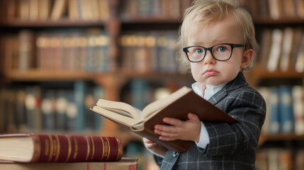 Pensive child as a Lawyer with glasses reading in a library.