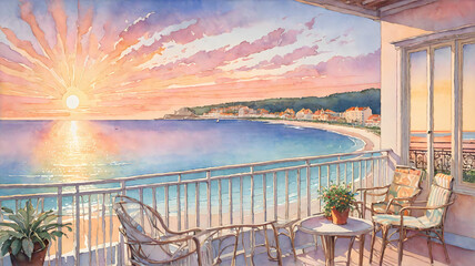 Watercolor Illustration: Sunset in Beach Resort