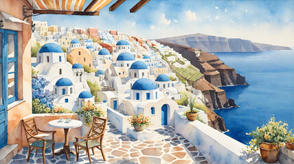 Watercolor Illustration: Santorini Viewpoint - obrazy, fototapety, plakaty