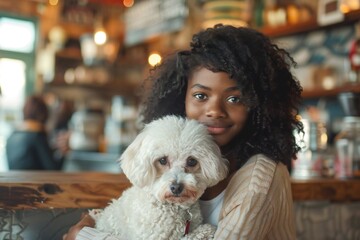 Portrait of beautiful young african american woman holding her dog in hands. Cute white dog in arms of loving owner. With dog in coffe shop