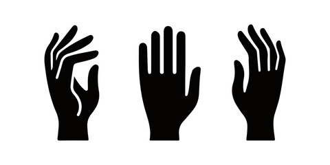 Obraz premium Vector set of silhouettes of human palms, with fingers raised up, black on a white background.